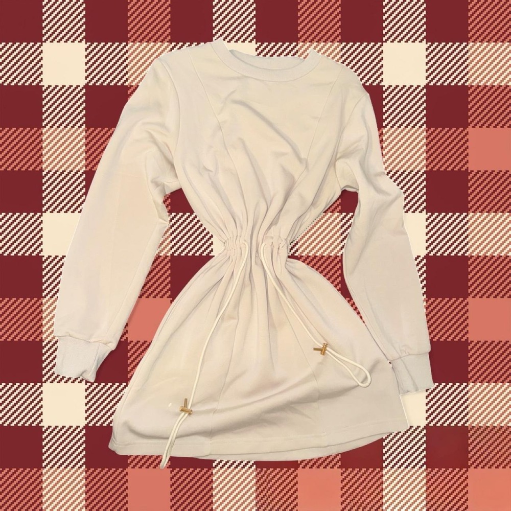 Umgee Cream Sweatshirt Dress | Adjustable Drawstring Waist | Long Sleeve